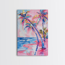 Load image into Gallery viewer, Vibrant Palm Trees and Ocean Waves in Abstract Style - Framed Canvas Print, Coastal Wall Art, Tropical Beach Decor for Living Room

