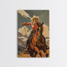 Load image into Gallery viewer, Brave Cowgirl in Mountains with Horse | Framed Canvas Print | Western Wall Art | Living Room Decor | Rustic Home Decor
