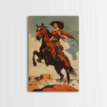 Load image into Gallery viewer, Elegant Cowgirl Commanding Horse | Framed Canvas Print | Western Wall Art | Living Room Decor | Rustic Home Decor
