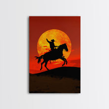 Load image into Gallery viewer, Cowboy Silhouette on Horseback at Sunset | Framed Canvas Print | Western Landscape Art | Rustic Cowboy Wall Art for Living Room
