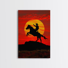 Load image into Gallery viewer, Dynamic Cowboy Horse Ride Silhouette at Sunset | Framed Canvas Print | Western Wall Art | Sunset Horseback Wall Art for Home Decor
