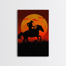 Carregar imagem no visualizador da galeria, Action Cowboy Silhouette on Horse at Sunset | Framed Canvas Print | Western Wall Art | Dramatic Cowboy Wall Art for Home Decor
