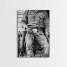 Load image into Gallery viewer, Close-Up of Cowboy&#39;s Belt and Saddle in Detailed Black and White Photography for Western Wall Art, Canvas Prints, Rustic Home Decor, Art
