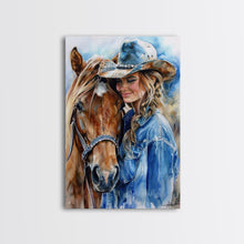Load image into Gallery viewer, Cowgirl with Horse in Denim Outfit - Framed Canvas Print, Western Wall Art, Rustic Decor, Living Room and Bedroom Art Print
