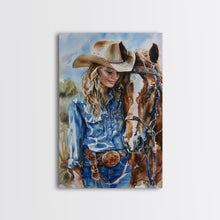 Load image into Gallery viewer, Cowgirl Preparing Horse for Ride - Framed Canvas Print, Western Wall Art, Rustic Decor, Living Room and Bedroom Art Print
