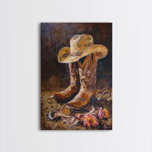 Cargar imagen en el visor de la galería, Classic Cowboy Hat and Boots Art - Framed Canvas Print, Rustic Bedroom Decor, Cowboy Themed Wall Art for Home, Western Artwork
