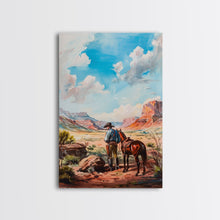 Load image into Gallery viewer, Cowboy and Horse Desert Scene Art - Framed Canvas Print, Western Living Room Decor, Cowboy Wall Art, Desert Home Decoration
