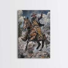 Load image into Gallery viewer, Framed Canvas Print, Cowboy Riding Horse with Gun Wall Art, Western Style Artwork for Living Room or Bedroom Decor, Dynamic Home Art Piece
