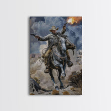 Load image into Gallery viewer, Framed Canvas Print, Dynamic Cowboy Shooting Pistols Wall Art, Western Decor for Living Room or Bedroom, Exciting Wall Art, Home Decoration
