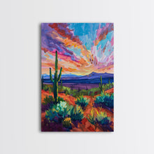 Load image into Gallery viewer, Framed Canvas Print, Cacti and Mountains at Sunset Wall Art, Vibrant Southwest Decor for Living Room or Bedroom, Nature Art Decoration Piece
