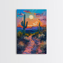 Load image into Gallery viewer, Framed Canvas Print, Colorful Desert Sunset with Cacti Wall Art, Southwest Landscape for Living Room or Bedroom, Vibrant Wall Art Piece
