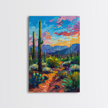 Load image into Gallery viewer, Framed Canvas Print, Cactus and Desert Path Wall Art, Vibrant Southwest Landscape for Living Room or Bedroom, Nature Art Poster Piece
