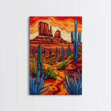Carregar imagem no visualizador da galeria, Framed Canvas Print, Vibrant Desert Scene with Cacti and Mesas, Perfect Southwest Wall Art for Living Room or Bedroom Decor
