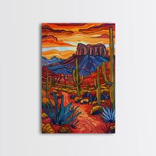 Load image into Gallery viewer, Framed Canvas Print, Bold Desert Landscape with Saguaro Cacti and Mountains, Unique Wall Art for Living Room or Bedroom
