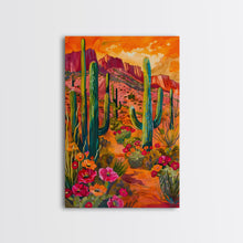 Load image into Gallery viewer, Framed Canvas Print, Vibrant Desert Scene with Saguaro Cacti and Flowers, Unique Wall Art for Living Room or Bedroom
