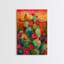 Load image into Gallery viewer, Framed Canvas Print, Blooming Cacti in Desert Sunset, Stunning Wall Art for Living Room or Bedroom Decor
