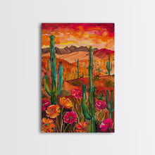 Carregar imagem no visualizador da galeria, Framed Canvas Print, Vibrant Desert Landscape with Flowers and Cacti, Perfect Wall Art for Living Room or Bedroom Decor
