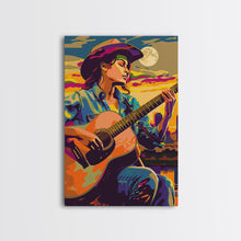 Load image into Gallery viewer, Country Cowboy playing guitar under a colorful sunset, pop art style Framed Canvas Print - music decor, country music art, vibrant wall art
