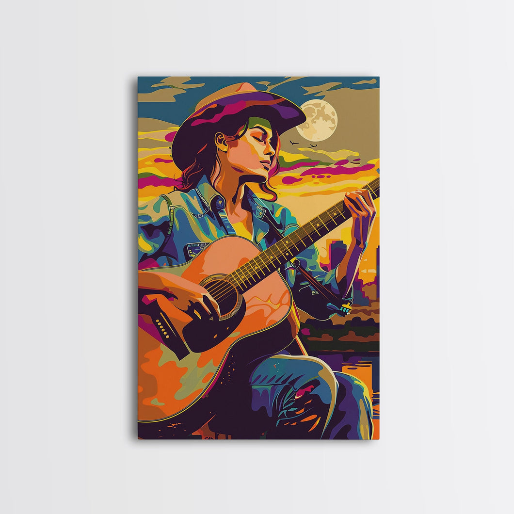 Country Cowboy playing guitar under a colorful sunset, pop art style Framed Canvas Print - music decor, country music art, vibrant wall art