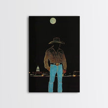 Load image into Gallery viewer, Cowboy Under the Moon Print - Framed Canvas Wall Art, Rustic Western Decor, Nighttime Cowboy Artwork for Living Room, Western Night Sky
