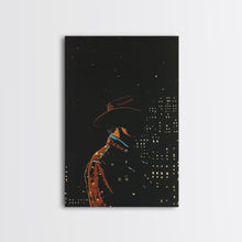 Load image into Gallery viewer, Cowboy in the City Night Print - Framed Canvas Wall Art, Urban Western Decor, City Cowboy Artwork for Living Room, Modern Western Art
