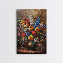 Load image into Gallery viewer, Bold Flower Bouquet Art on Dark Background - Framed Canvas Print, Vibrant Floral Wall Art for Living Room, Modern Artwork, Flower Decor
