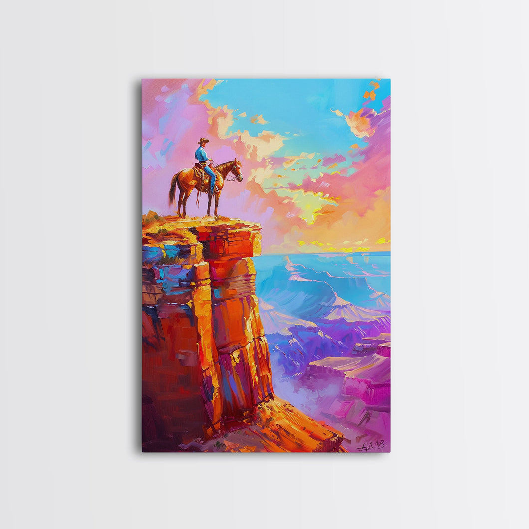 Cowboy on Cliff Edge at Sunset - Colorful Western Landscape Painting, Sunset Wall Art, Living Room Decor, Cowboy Canvas Print