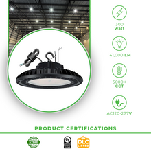 Cargar imagen en el visor de la galería, 300W LED UFO High Bay Light for Warehouse - 41,000LM, 5000K Daylight, Dimmable, IP65 Waterproof, Commercial Lighting
