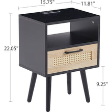 Load image into Gallery viewer, 15.75&quot; Rattan End table with Power Outlet &amp; USB Ports, Modern nightstand with drawer and solid wood legs, side table for living roon, bedroom, black

