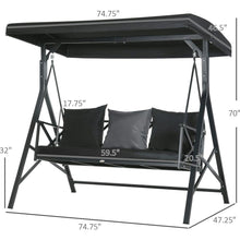 Carregar imagem no visualizador da galeria, 3-Seat Patio Swing Chair, Porch Swing Glider with Cushion, 3 Throw Pillows &amp; Adjustable Canopy for Porch, Garden, Poolside, Backyard, Black

