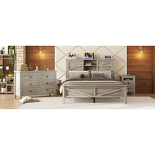 Carregar imagem no visualizador da galeria, 3-Pieces Bedroom Sets Queen Size Farmhouse Platform Bed with Double Sliding Door Storage Headboard and Charging Station, Storage Nightstand and Dresser, Antique Gray
