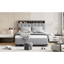 Load image into Gallery viewer, Full size Upholstered Platform Bed with Storage Headboard, Twin Size Trundle &amp; 2 drawers and a set of Sockets &amp; USB Ports, Linen Fabric, Gray
