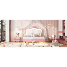 Cargar imagen en el visor de la galería, Full Size Upholstered Bed Frame with LED Lights,Modern Upholstered Princess Bed With Crown Headboard,White+Pink
