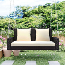 Load image into Gallery viewer, 2-Person Wicker Hanging Porch Swing with Chains, Cushion, Pillow, Rattan Swing Bench for Garden, Backyard, Pond. (Brown Wicker, Beige Cushion)
