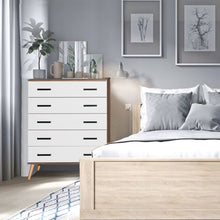 Carregar imagem no visualizador da galeria, Better Home Products Eli Mid-Century Modern 5 Drawer Chest in Walnut &amp; White
