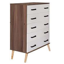 Carregar imagem no visualizador da galeria, Better Home Products Eli Mid-Century Modern 5 Drawer Chest in Walnut &amp; White
