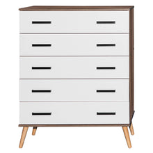 Carregar imagem no visualizador da galeria, Better Home Products Eli Mid-Century Modern 5 Drawer Chest in Walnut &amp; White
