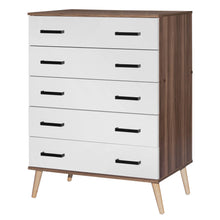 Carregar imagem no visualizador da galeria, Better Home Products Eli Mid-Century Modern 5 Drawer Chest in Walnut &amp; White
