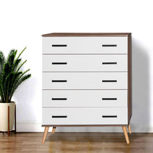 Carregar imagem no visualizador da galeria, Better Home Products Eli Mid-Century Modern 5 Drawer Chest in Walnut &amp; White
