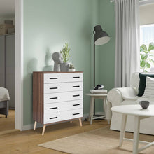 Carregar imagem no visualizador da galeria, Better Home Products Eli Mid-Century Modern 5 Drawer Chest in Walnut &amp; White

