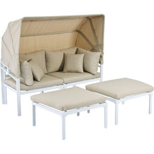 Cargar imagen en el visor de la galería, 3-Piece Patio Daybed with Retractable Canopy Outdoor Metal Sectional Sofa Set Sun Lounger with Cushions for Backyard, Porch, Poolside, Beige
