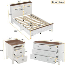 Load image into Gallery viewer, 3-Pieces Bedroom Sets Full Size Farmhouse Platform Bed with Double Sliding Door Storage Headboard and Charging Station, Storage Nightstand and Dresser, White+Brown
