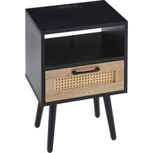 Load image into Gallery viewer, 15.75&quot; Rattan End table with Power Outlet &amp; USB Ports, Modern nightstand with drawer and solid wood legs, side table for living roon, bedroom, black
