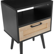 Load image into Gallery viewer, 15.75&quot; Rattan End table with Power Outlet &amp; USB Ports, Modern nightstand with drawer and solid wood legs, side table for living roon, bedroom, black
