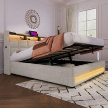 Carregar imagem no visualizador da galeria, Full size Upholstered Platform bed with a Hydraulic Storage System, LED and USB Charging, Natural (without mattress)

