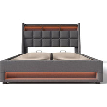 Carregar imagem no visualizador da galeria, Full size Upholstered Platform bed with a Hydraulic Storage System, LED and USB Charging, Grey (without mattress)

