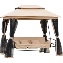 Carregar imagem no visualizador da galeria, 3-Seat Patio Swing Chair, Outdoor Gazebo Swing with Double Tier Canopy, Mesh Sidewalls, Cushioned Seat and Pillows, Beige
