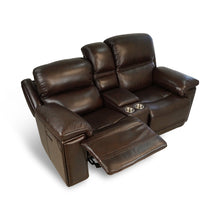 Carregar imagem no visualizador da galeria, Timo Top Grain Leather Power Reclining Loveseat With Console Adjustable Headrest Storage Steel Cup Holders Cross Stitching
