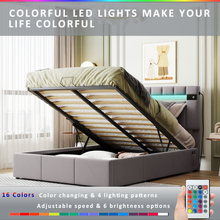 Load image into Gallery viewer, Upholstered Bed Full Size with LED light, Bluetooth Player and USB Charging, Hydraulic Storage Bed in Gray Velvet Fabric
