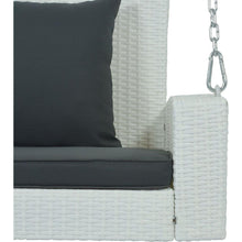 Cargar imagen en el visor de la galería, 2-Person Wicker Hanging Porch Swing with Chains, Cushion, Pillow, Rattan Swing Bench for Garden, Backyard, Pond. (White Wicker, Gray Cushion)
